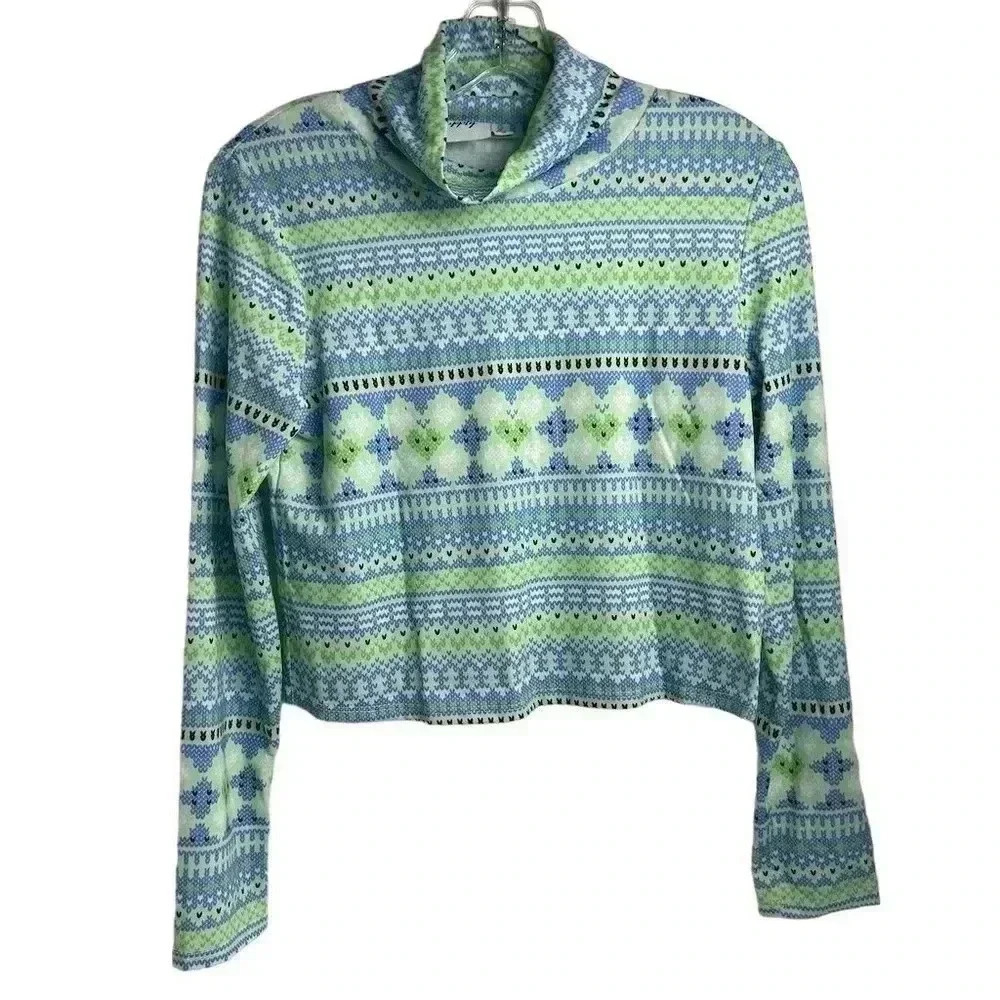 Vintage Supply Women's Size 4 Blue Fair Isle High Neck Cropped Top‎ US 4 y2k